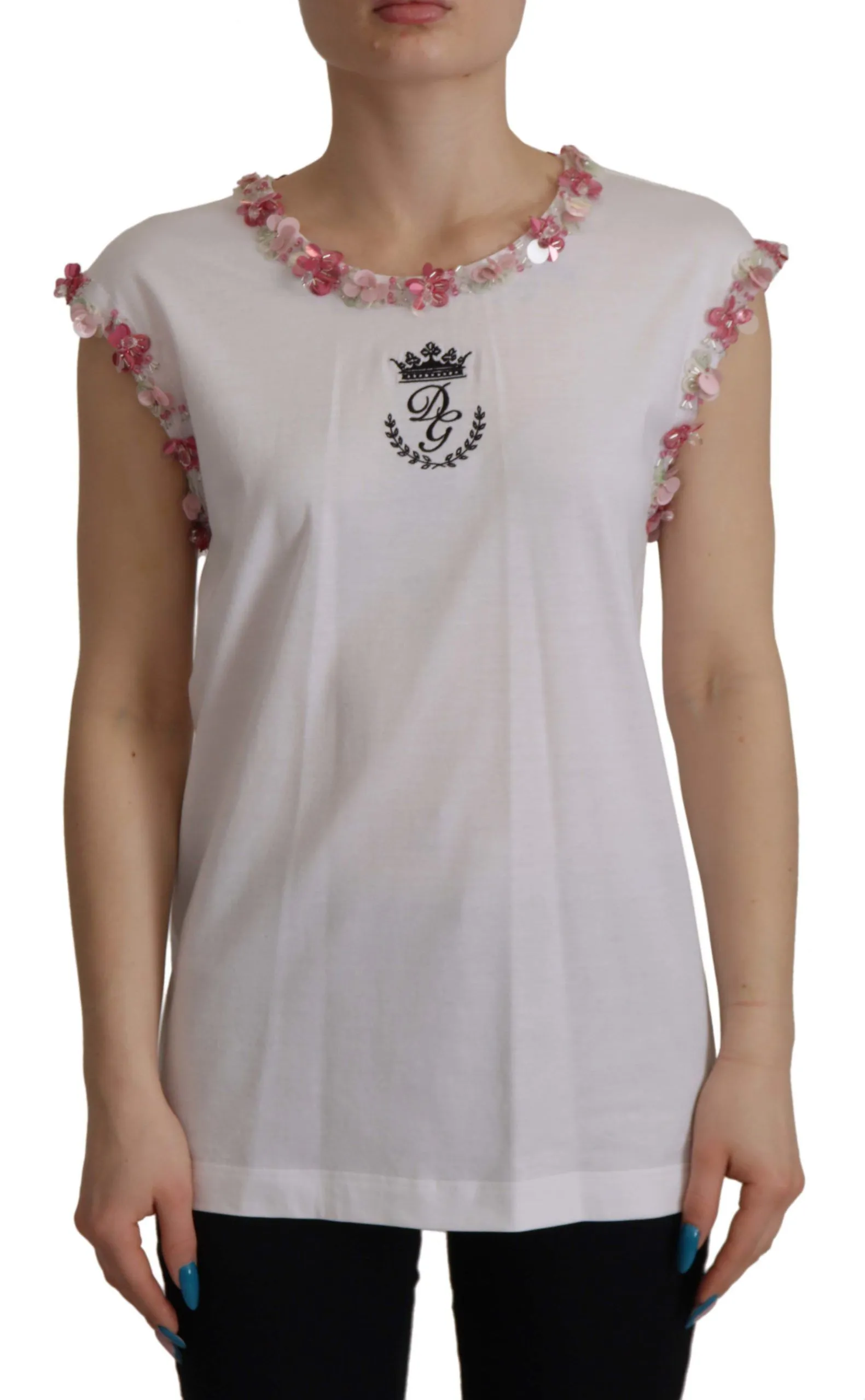 White DG Crown Floral Sequin T-shirt sold by Lord & Taylor