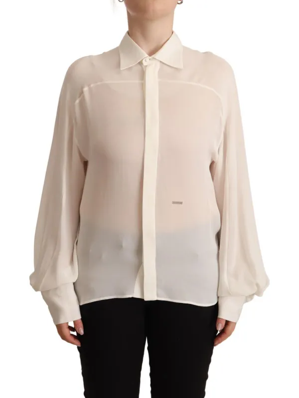 Off White Silk Long Sleeves Collared Blouse Top sold by Lord & Taylor