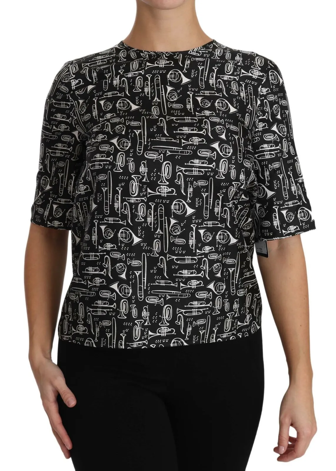 Black Musical Instruments Print Silk Blouse sold by Lord & Taylor