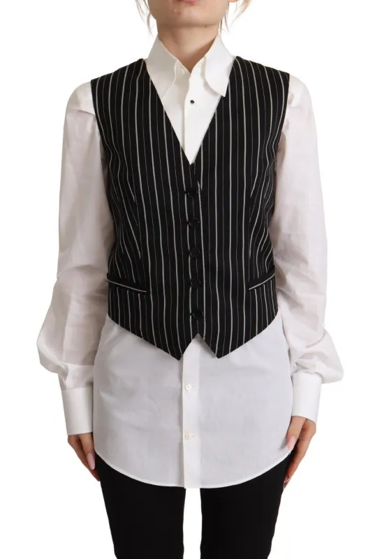 Black Stripes Wool V-neck Sleeveless Button Vest Top sold by Lord & Taylor