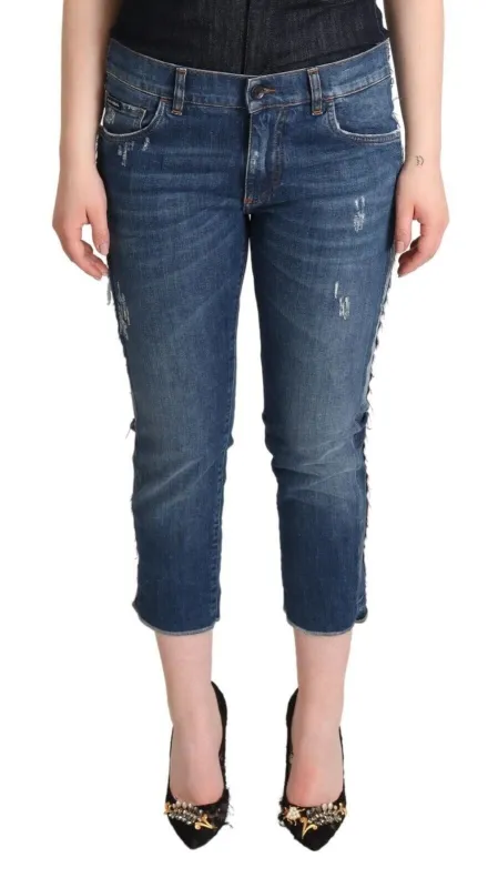 Blue Washed Mid Waist Denim Logo Cropped Jeans sold by Lord & Taylor