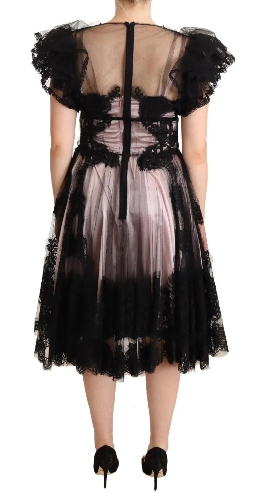 Black Pink Floral Lace A-line Midi Sheer Dress sold by Lord & Taylor product image thumbnail 3