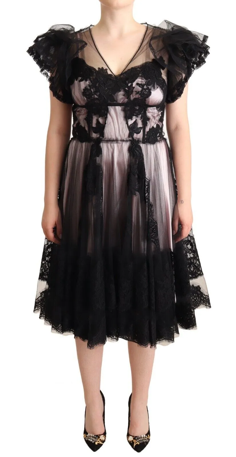 Black Pink Floral Lace A-line Midi Sheer Dress sold by Lord & Taylor