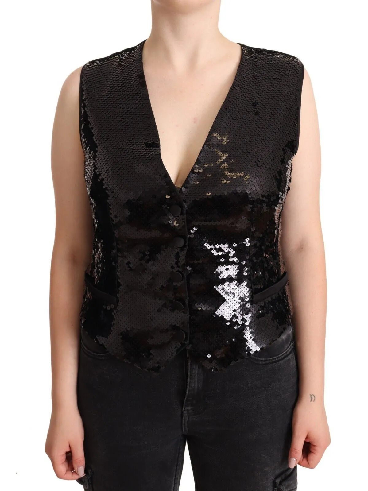 Black Sequin V-Neck Sleeveless Vest Tank Top sold by Lord & Taylor