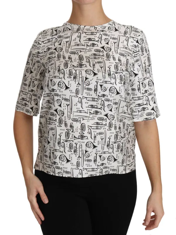 White Musical Instruments Print Blouse made by Lord & Taylor