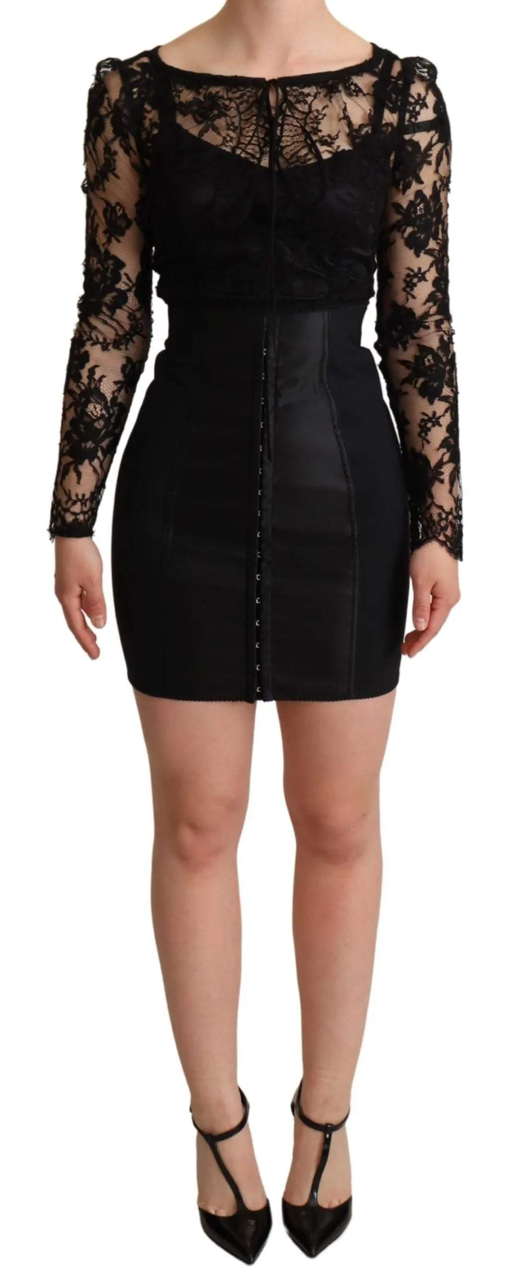 Black Fitted Lace Top Bodycon Mini Dress sold by Lord & Taylor