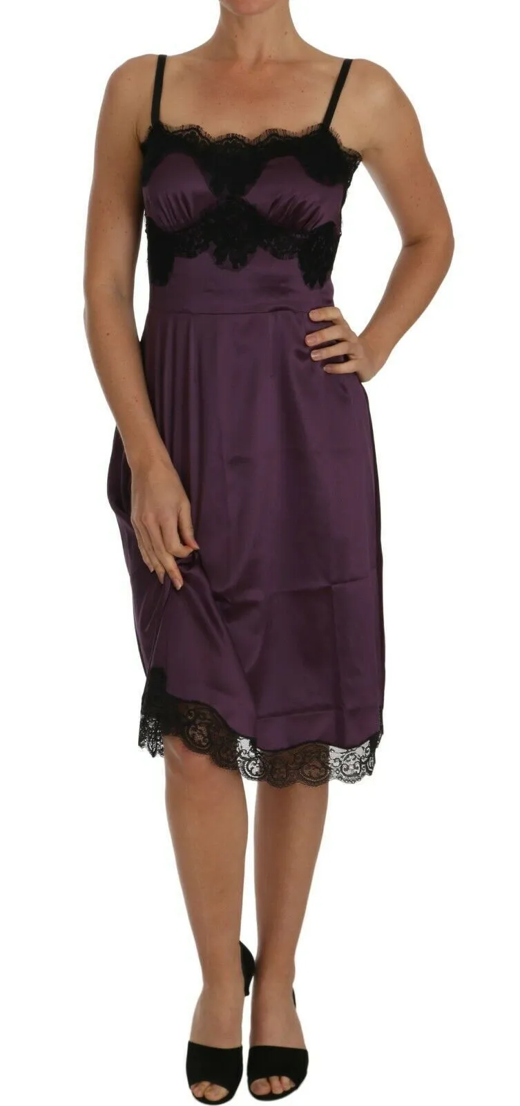 Purple Silk Stretch Black Lace A-Line Dress sold by Lord & Taylor