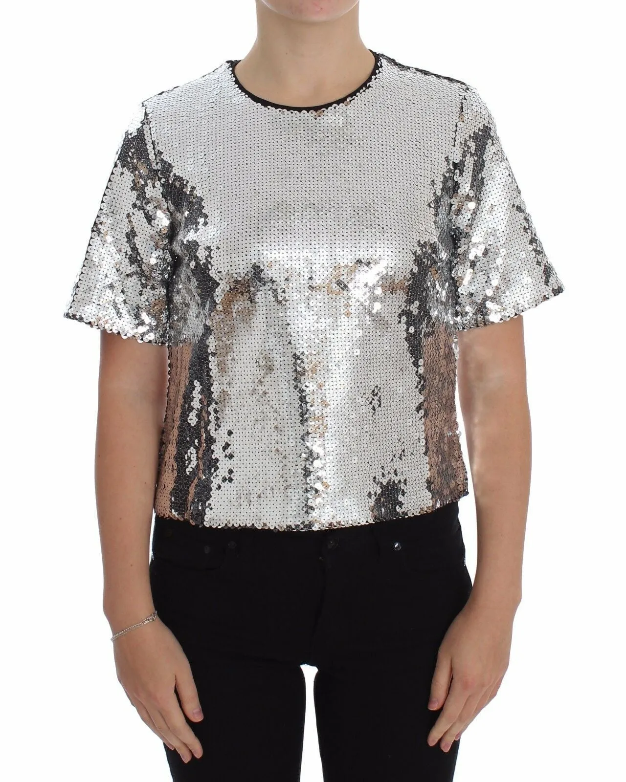 Silver Sequined Crewneck Blouse T-shirt Top sold by Lord & Taylor