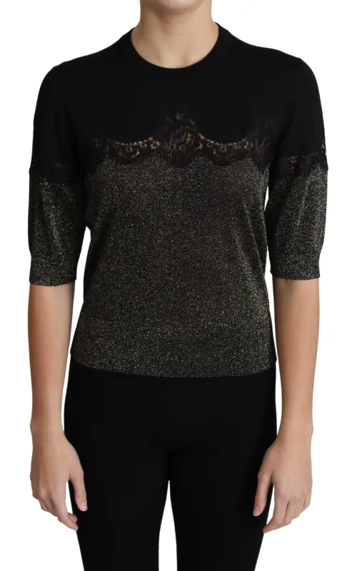 Black Shiny Lurex Lace Insert Pullover Top sold by Lord & Taylor