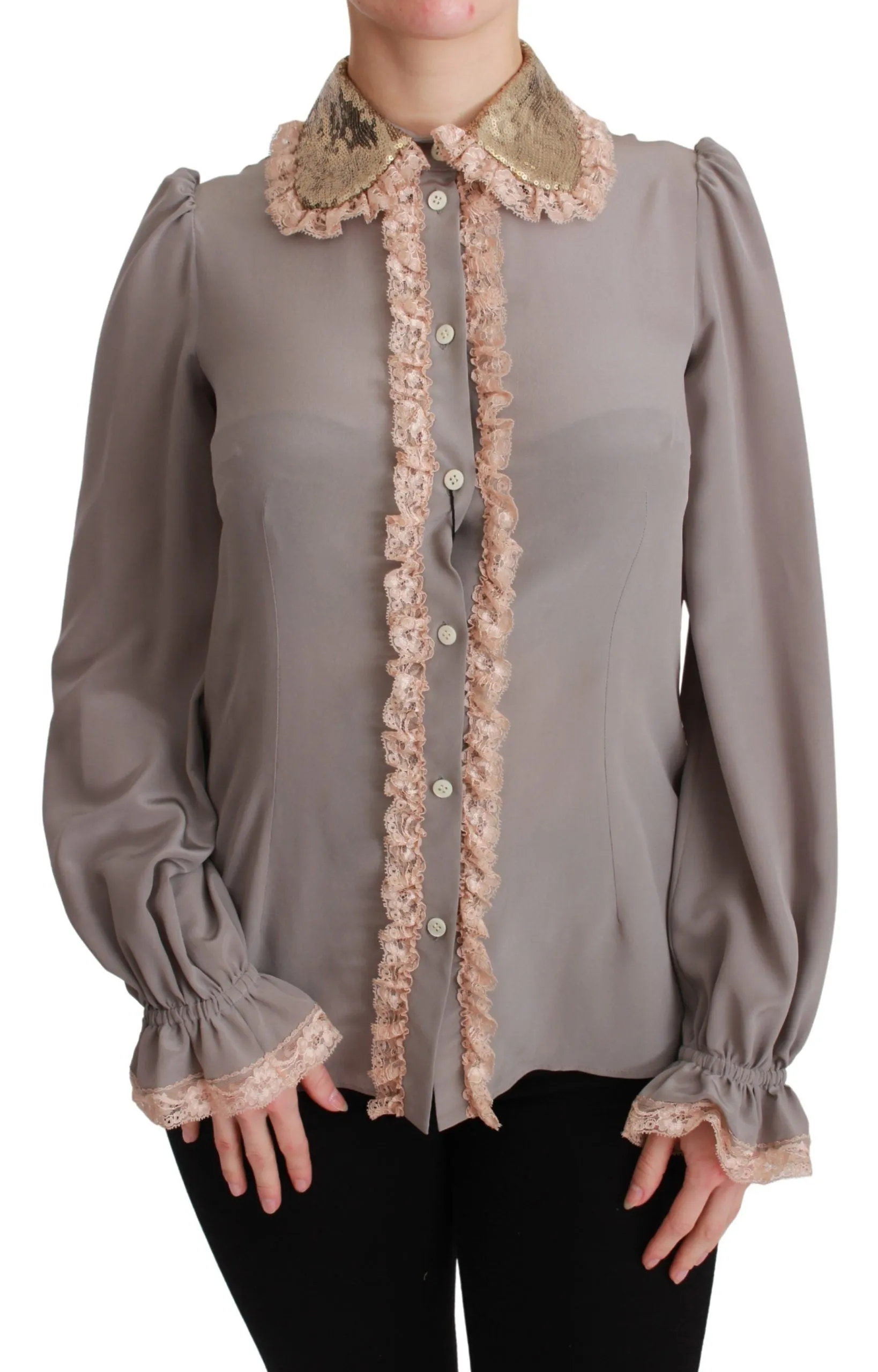 Gray Silk Gold Sequin Lace Blouse Shirt sold by Lord & Taylor