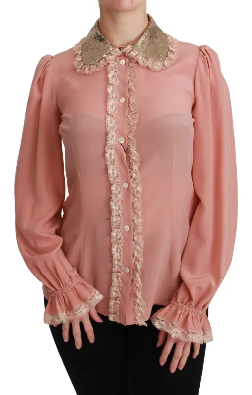 Pink Silk Gold Sequin Lace Blouse Shirt sold by Lord & Taylor