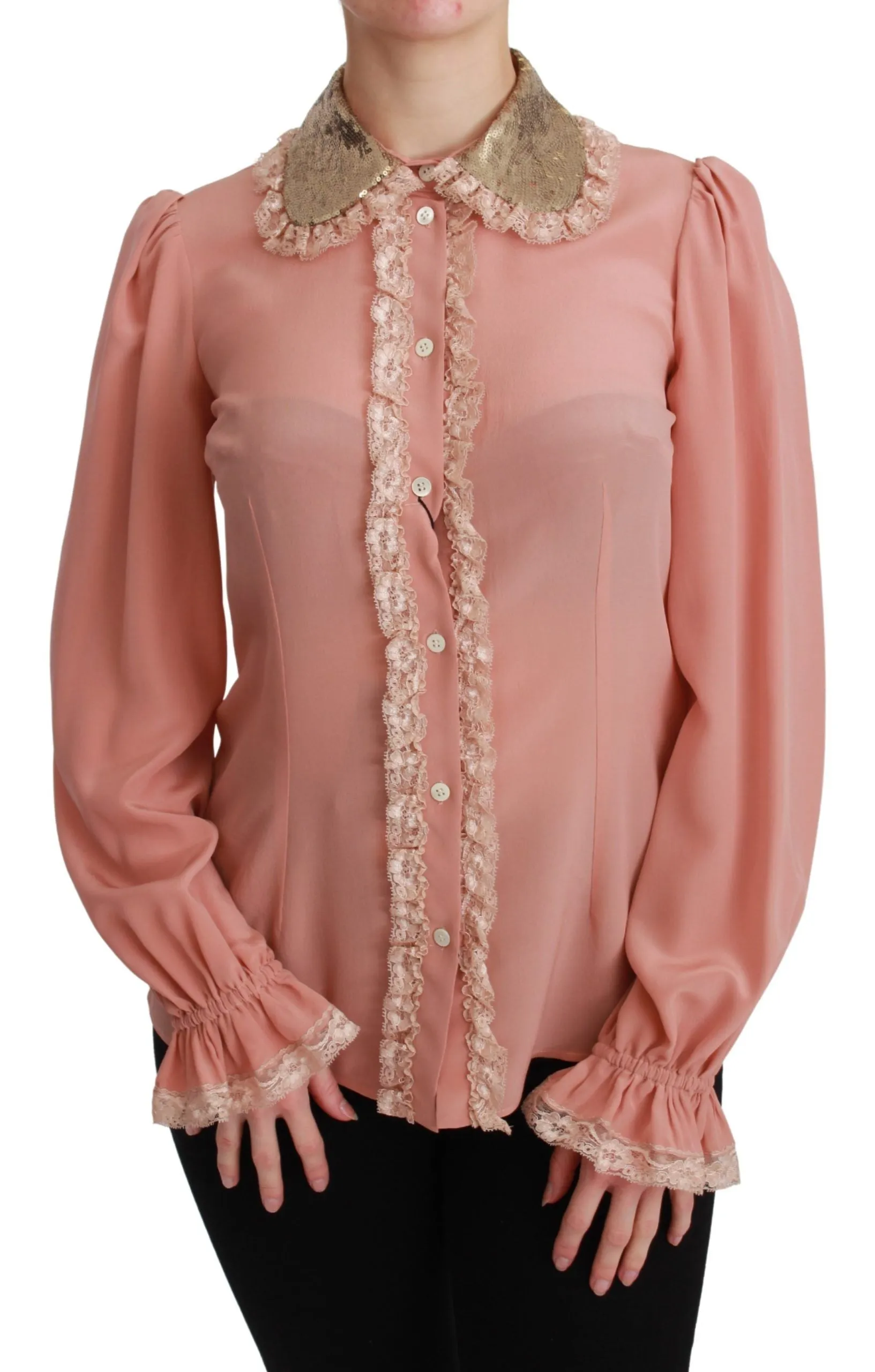 Pink Silk Gold Sequin Lace Blouse Shirt sold by Lord & Taylor