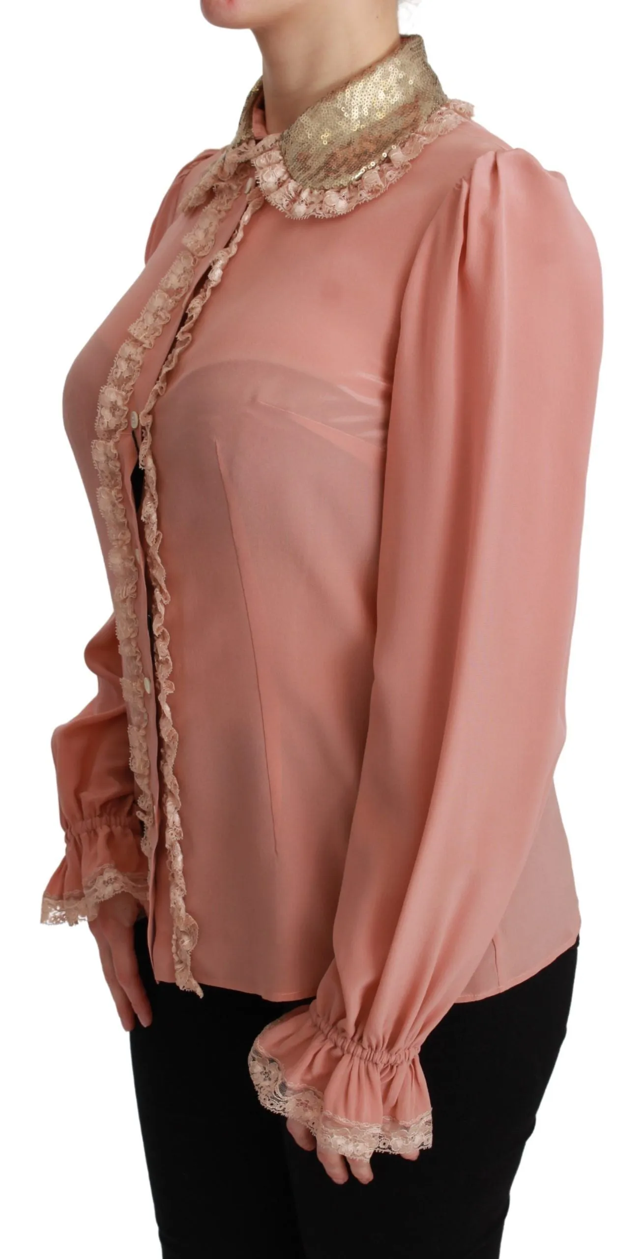 Pink Silk Gold Sequin Lace Blouse Shirt sold by Lord & Taylor product image thumbnail 3
