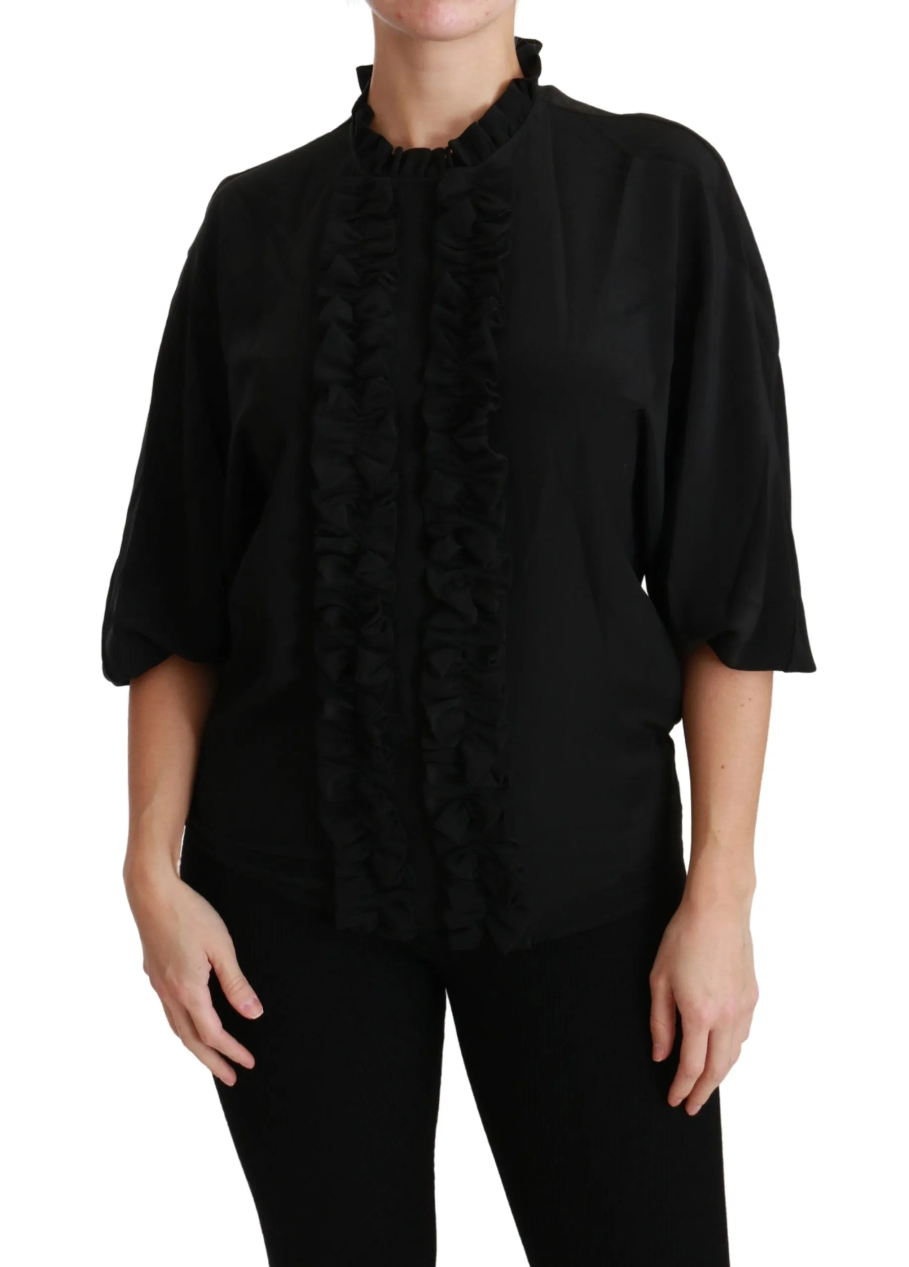 Black Silk Shirt Ruffled Top Blouse sold by Lord & Taylor