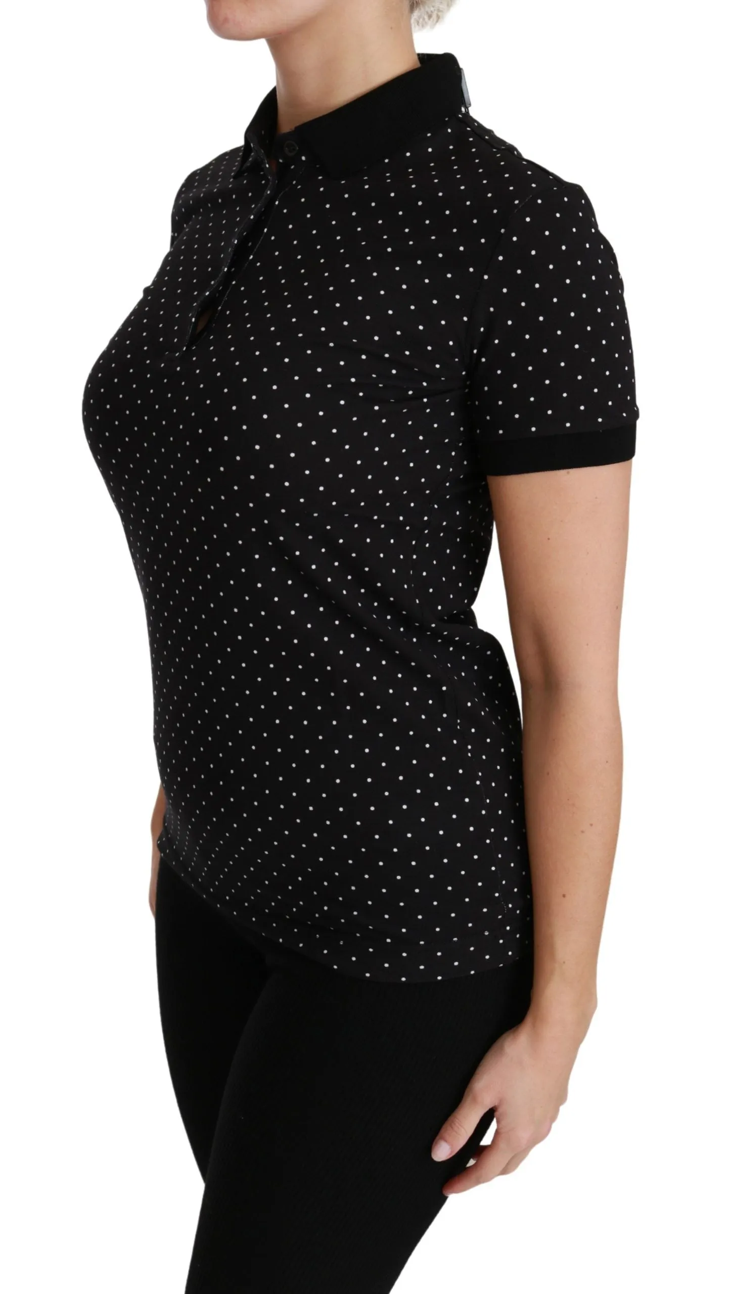 Black Dotted Collared Polo Shirt Cotton Top sold by Lord & Taylor product image thumbnail 3