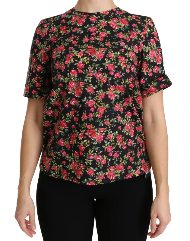 Black Floral Roses Short Sleeve Top Blouse sold by Lord & Taylor