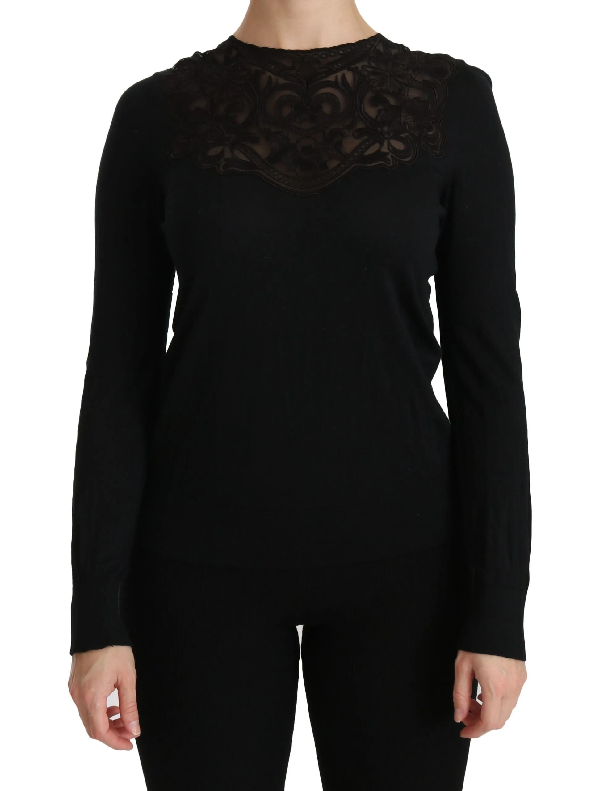 Black Silk Lace Crew Neck Long Sleeve Blouse sold by Lord & Taylor