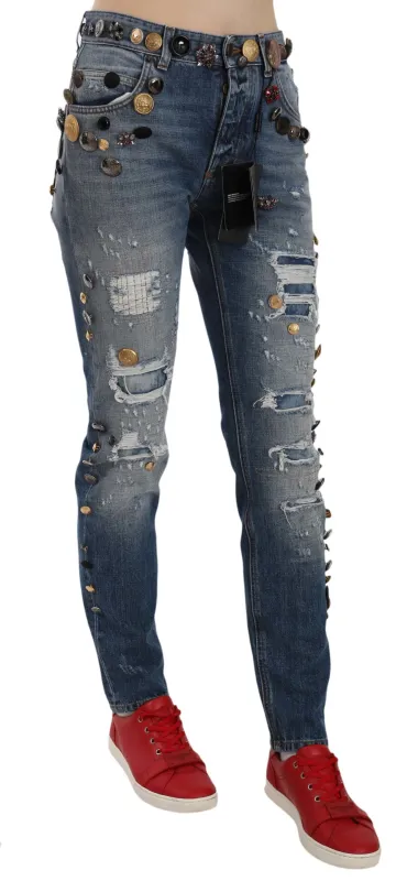 Distressed Embellished Buttons Denim Pants Jeans sold by Lord & Taylor
