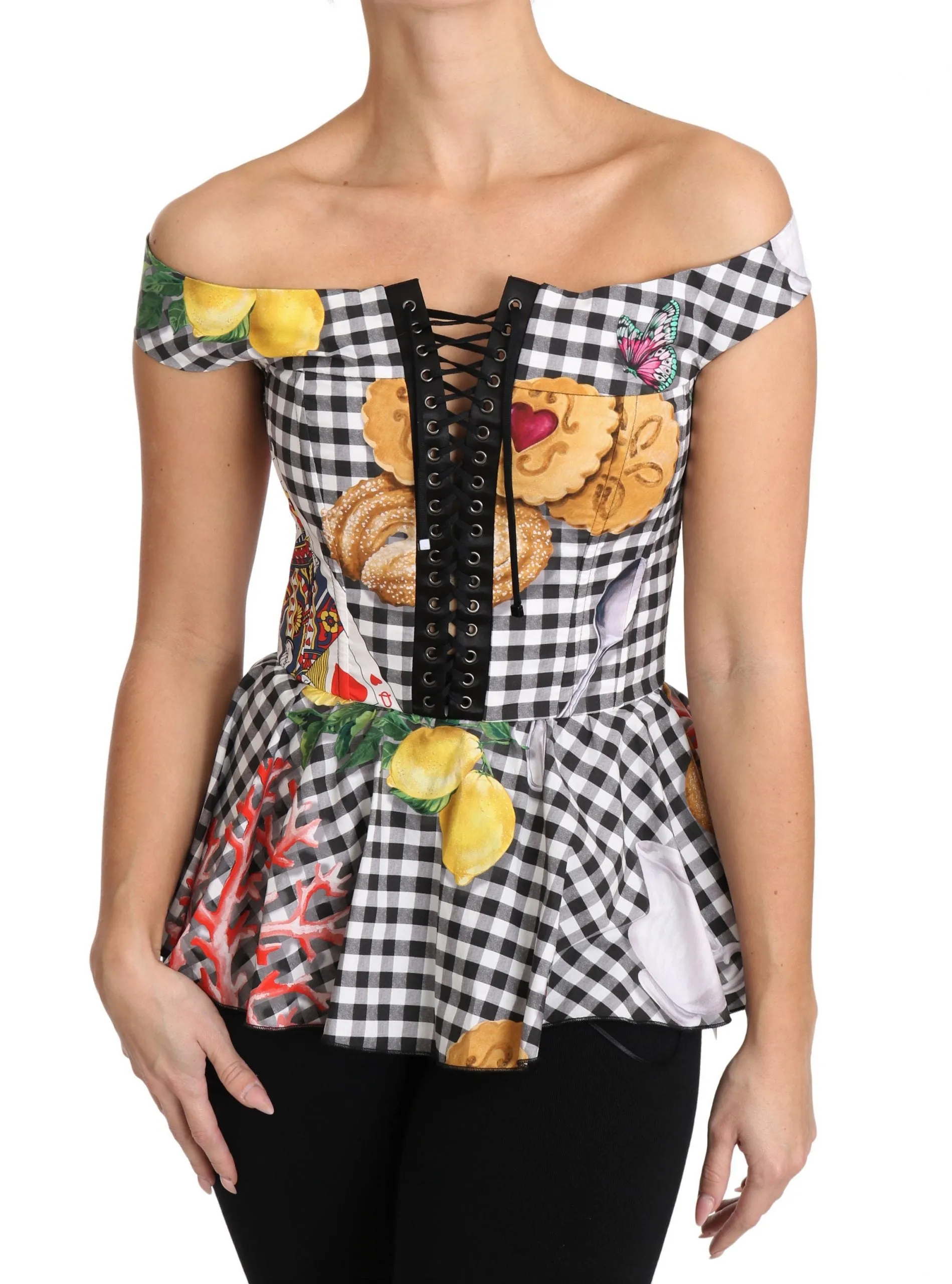 Black and White Corset Blouse Sicily Lemon Check Top sold by Lord & Taylor product image thumbnail 4