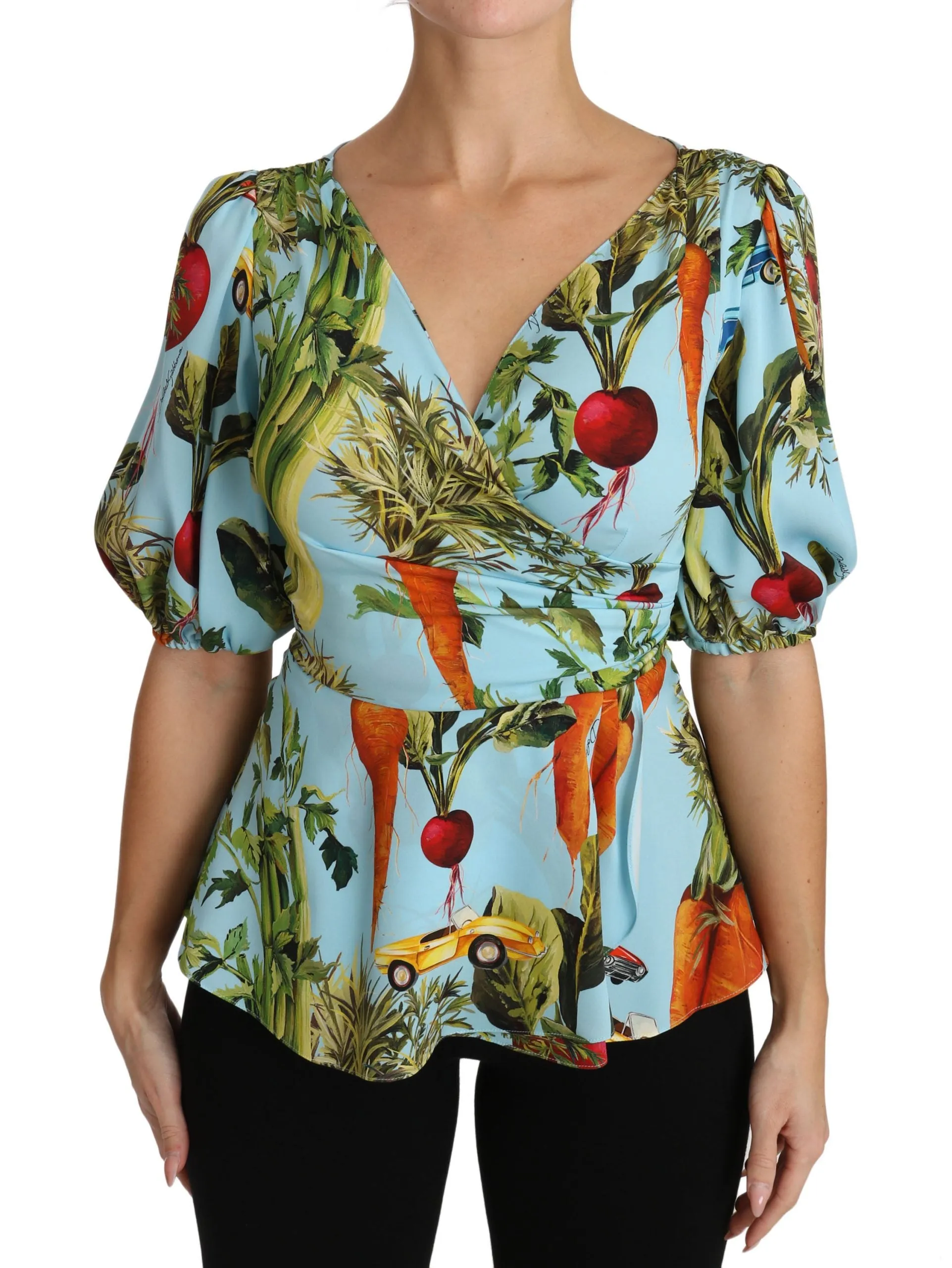 Multicolor Vegetable Print Silk Top Peplum Wrap Blouse sold by Lord & Taylor