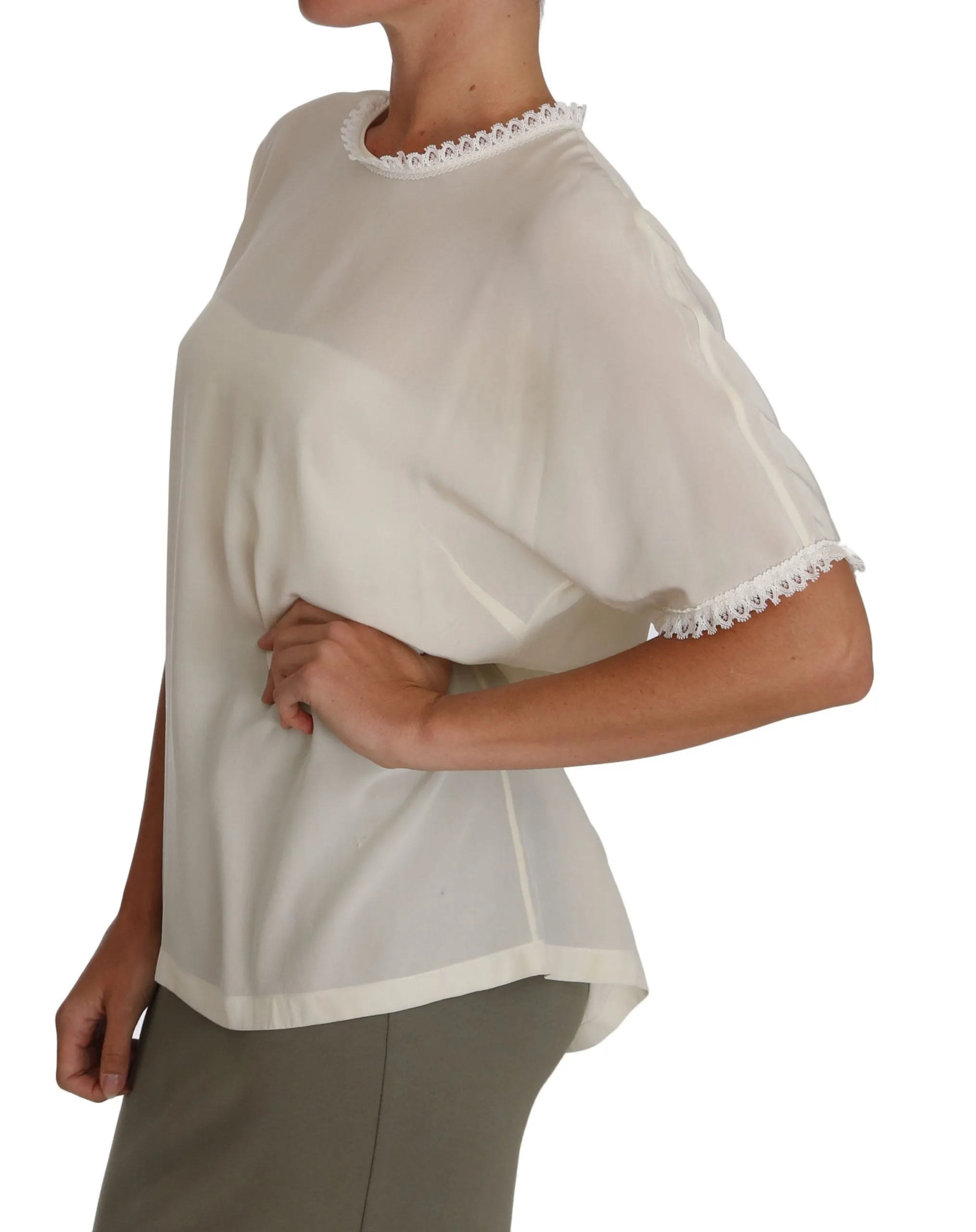 White Cream Silk Lace Top Blouse T-Shirt sold by Lord & Taylor product image thumbnail 4