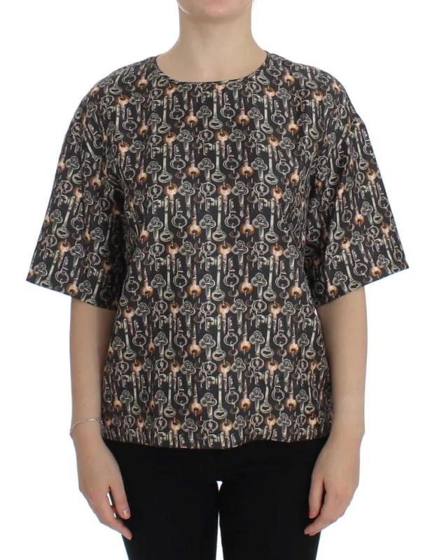 Gray Gold Key Print Silk Blouse T-shirt sold by Lord & Taylor