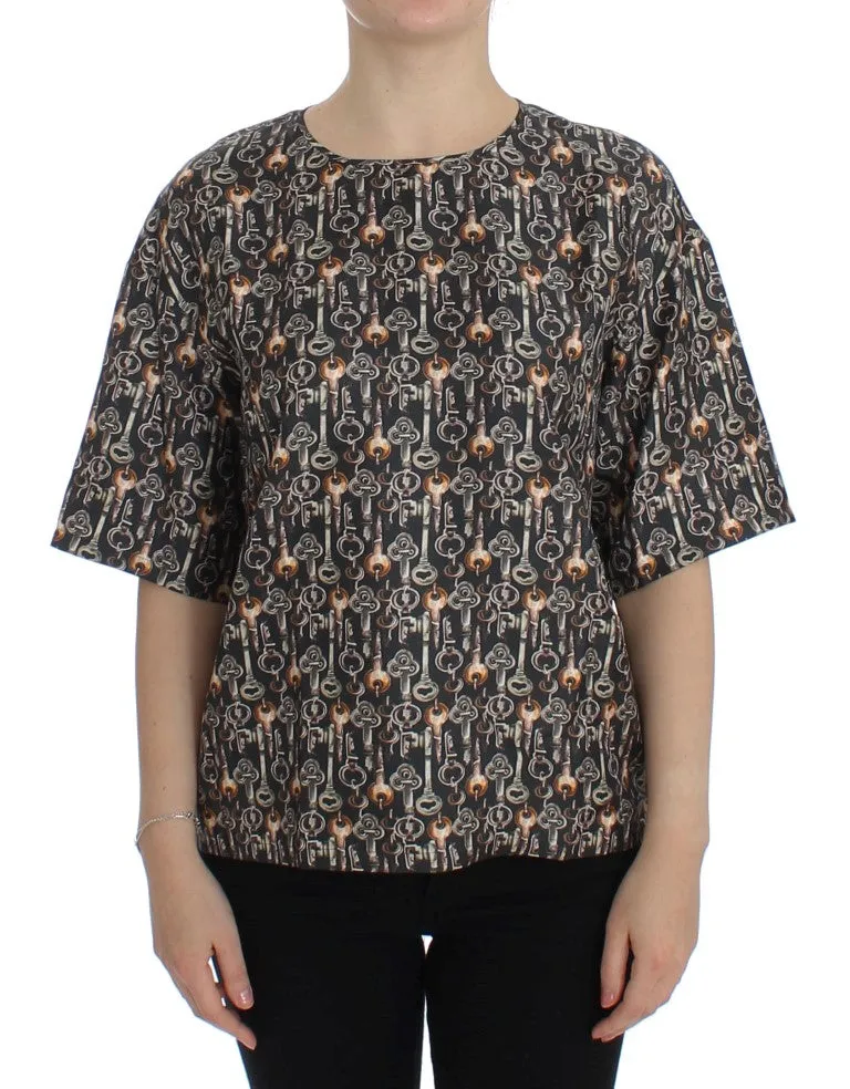 Gray Gold Key Print Silk Blouse T-shirt sold by Lord & Taylor