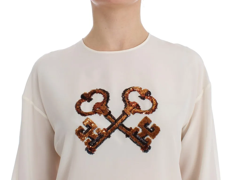 White Sequined Key Silk Blouse T-shirt Top sold by Lord & Taylor product image thumbnail 5