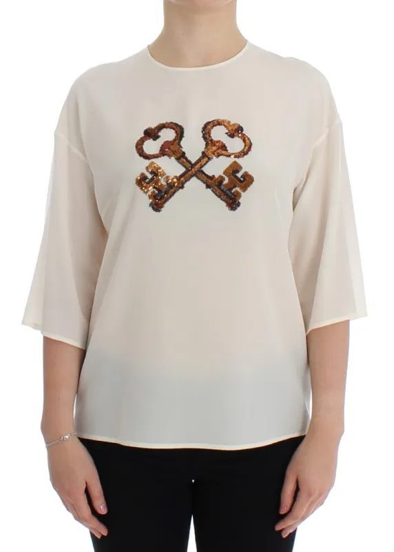White Sequined Key Silk Blouse T-shirt Top sold by Lord & Taylor