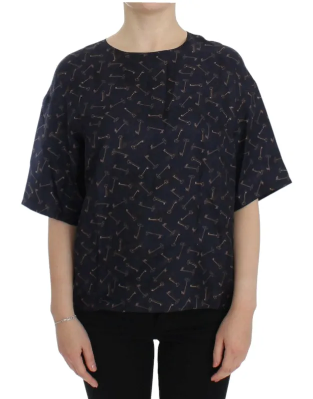 Blue gold key print silk blouse sold by Lord & Taylor