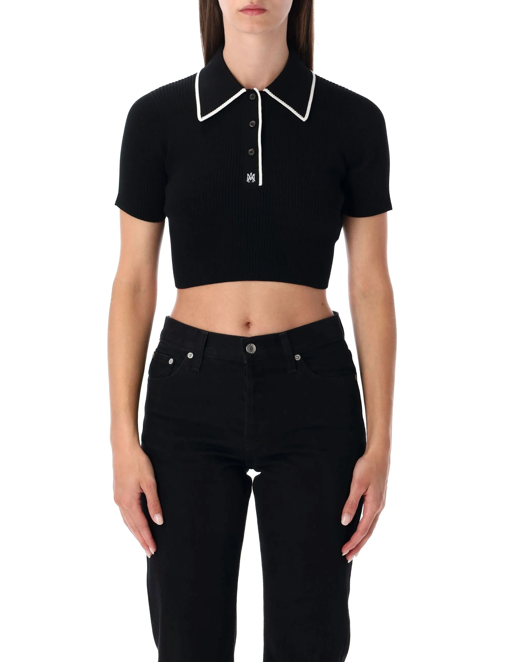 BLACK CROPPED KNIT POLO SHIRT AMIRI sold by Lord & Taylor