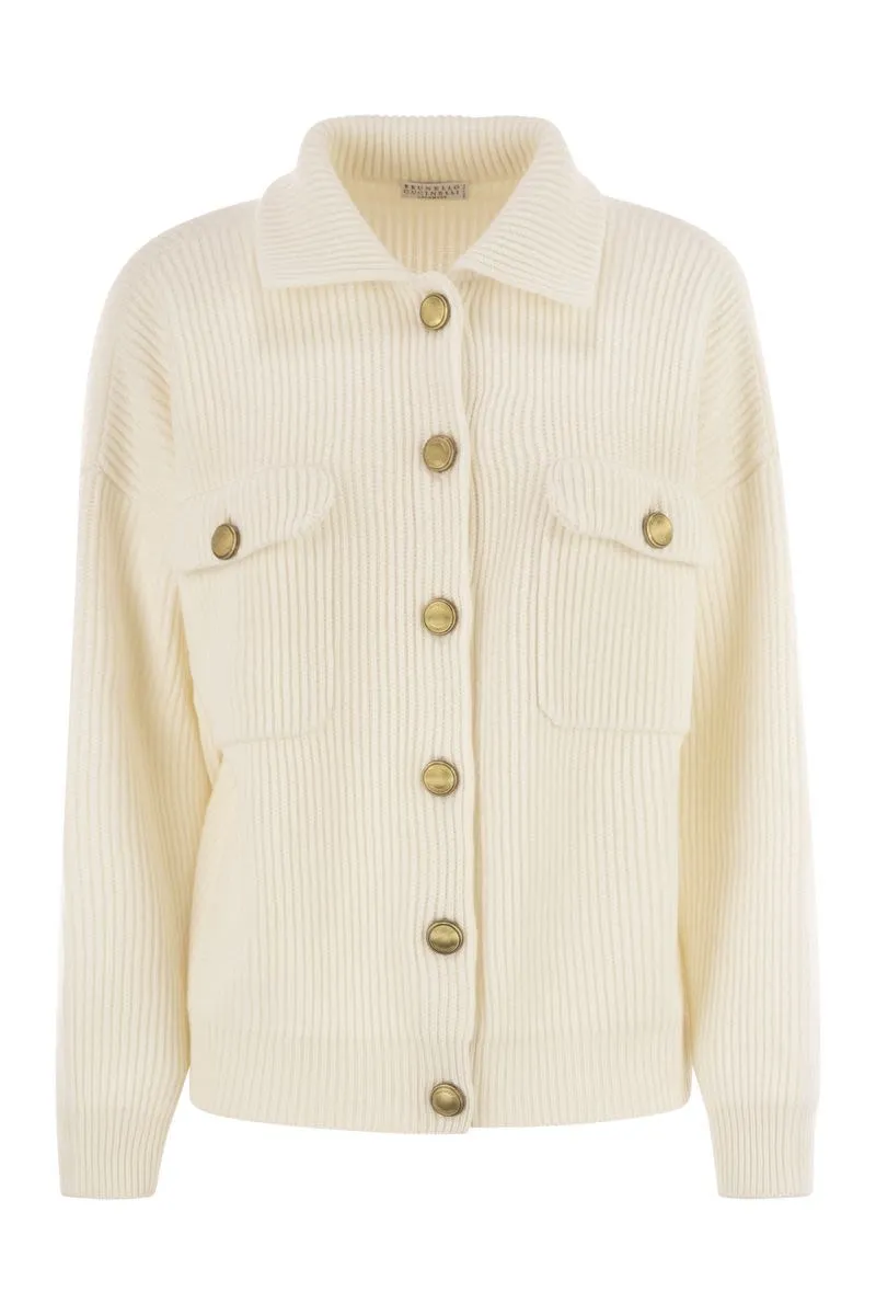 CARDIGAN IN VIRGIN WOOL, CASHMERE AND ENGLISH SILK WITH METAL BUTTONS sold by Lord & Taylor