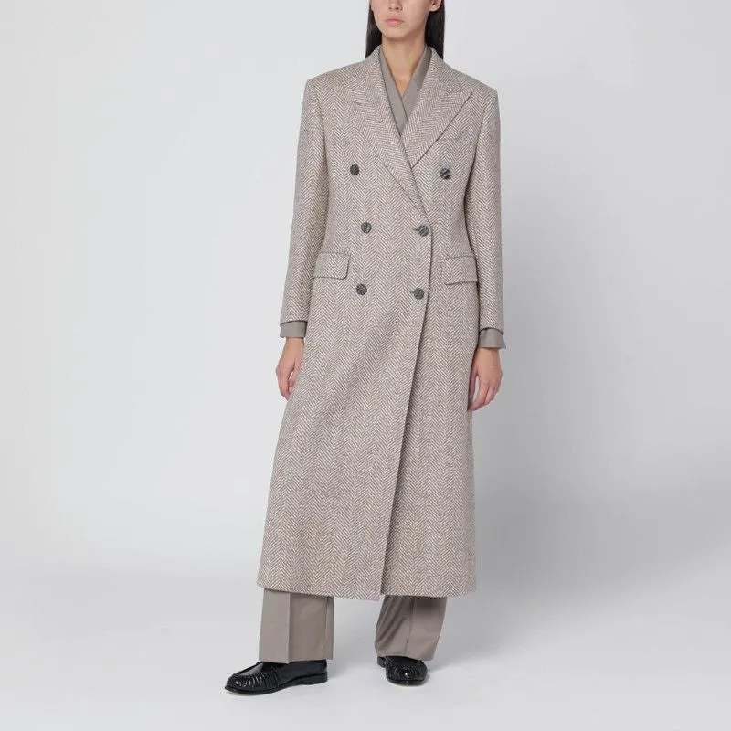 BEIGE DOUBLE-BREASTED HERRINGBONE COAT sold by Lord & Taylor