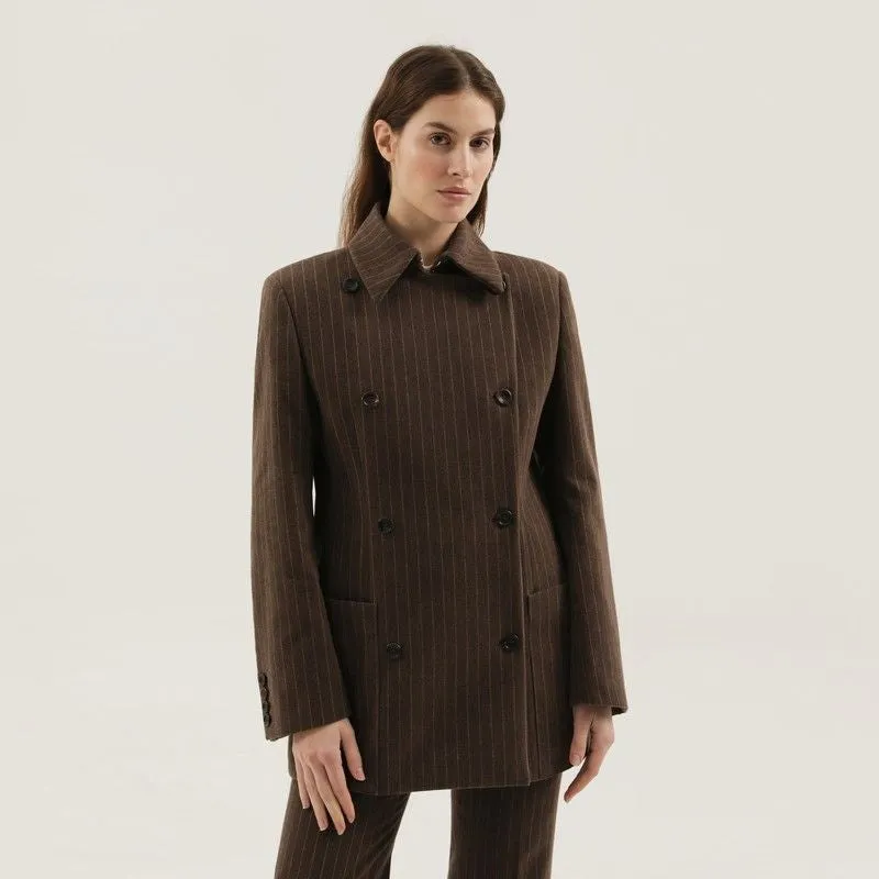BROWN DOUBLE-BREASTED STRIPED BLAZER sold by Lord & Taylor