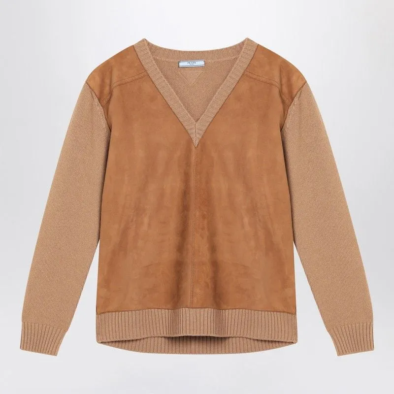 CAMEL-COLORED WOOL AND SUEDE SWEATER sold by Lord & Taylor