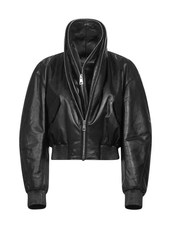 Black Nappa Leather Cropped Bomber Jacket made by Givenchy
