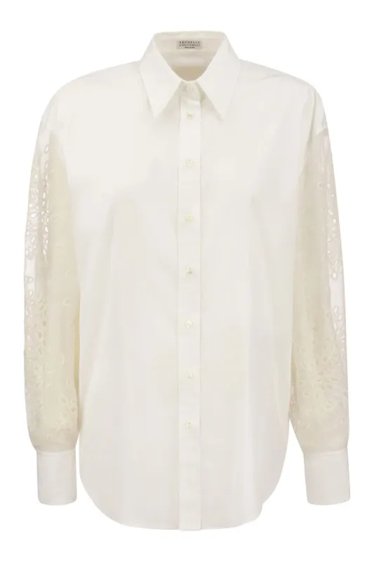 STRETCH COTTON POPLIN SHIRT WITH CRISPY SILK BRODERIE ANGLAISE SLEEVE sold by Lord & Taylor