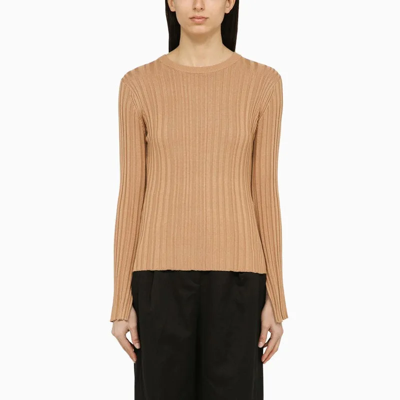 BEIGE SILK BLEND CREW-NECK SWEATER made by Loulou Studio