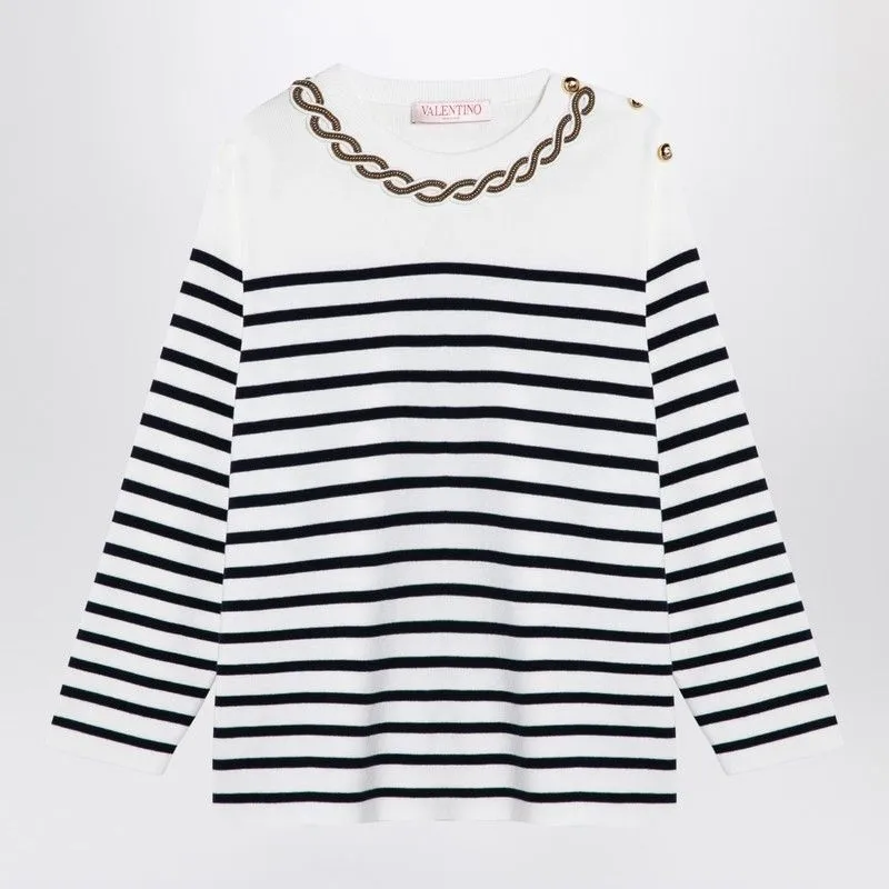 IVORY/NAVY STRIPED JERSEY WITH EMBROIDERY sold by Lord & Taylor