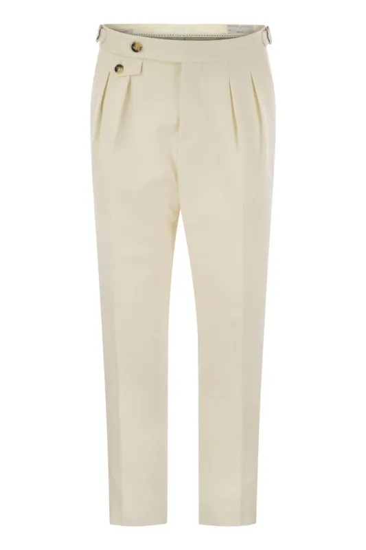 TAILOR-FIT TROUSERS IN COTTON GABARDINE AND VIRGIN WOOL WITH DOUBLE INVERTED DARTS AND BUCKLES ON THE SIDE sold by Lord & Taylor