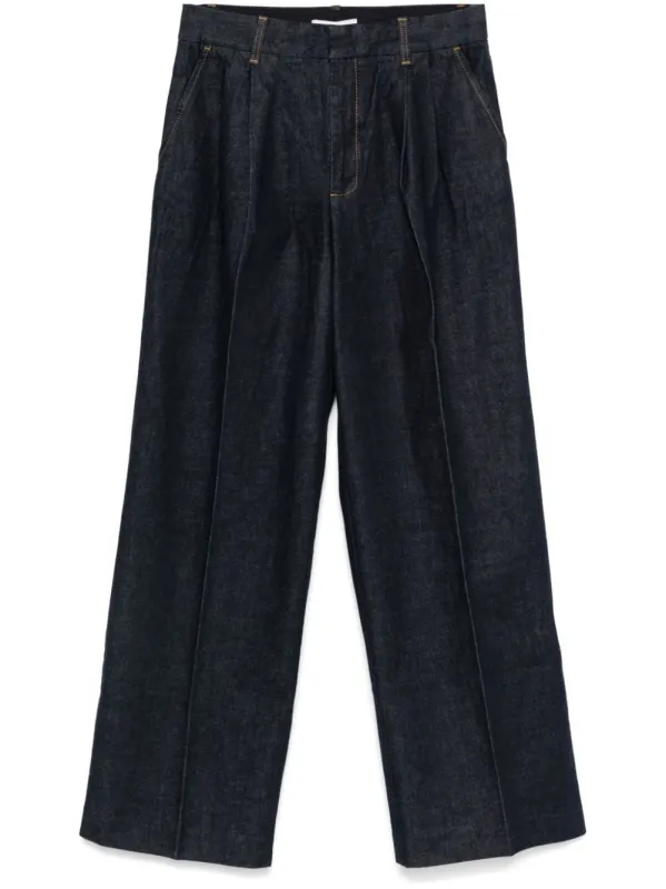NAVY BLUE DENIM CONCEALED FRONT BUTTON TROUSERS sold by Lord & Taylor