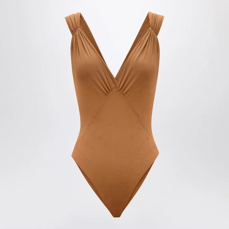 BROWN SILK-BLEND CROSSOVER BODYSUIT sold by Lord & Taylor
