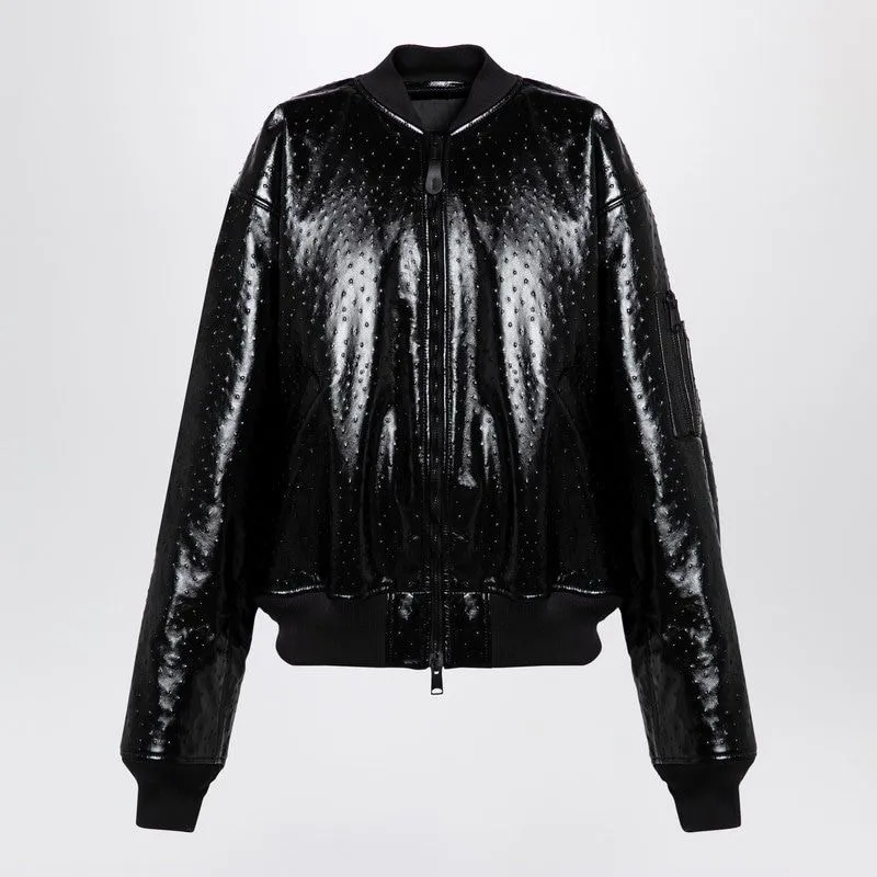 BLACK LEATHER OSTRICH-EFFECT BOMBER JACKET sold by Lord & Taylor