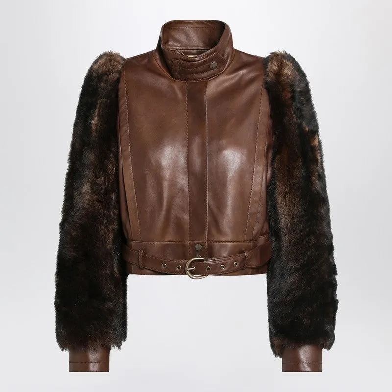 Chloé Brown cropped leather and shearling jacket sold by Lord & Taylor