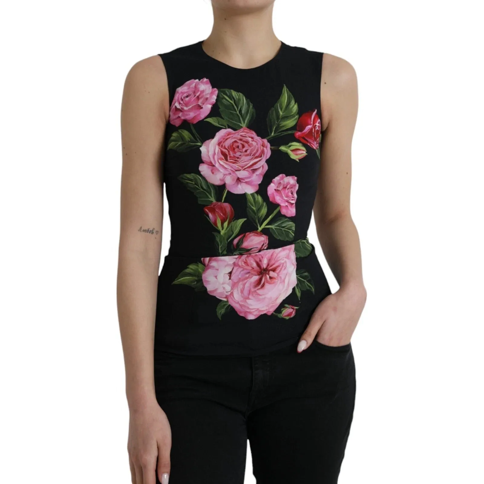 Black Floral Viscose Round Neck Tank Top sold by Lord & Taylor