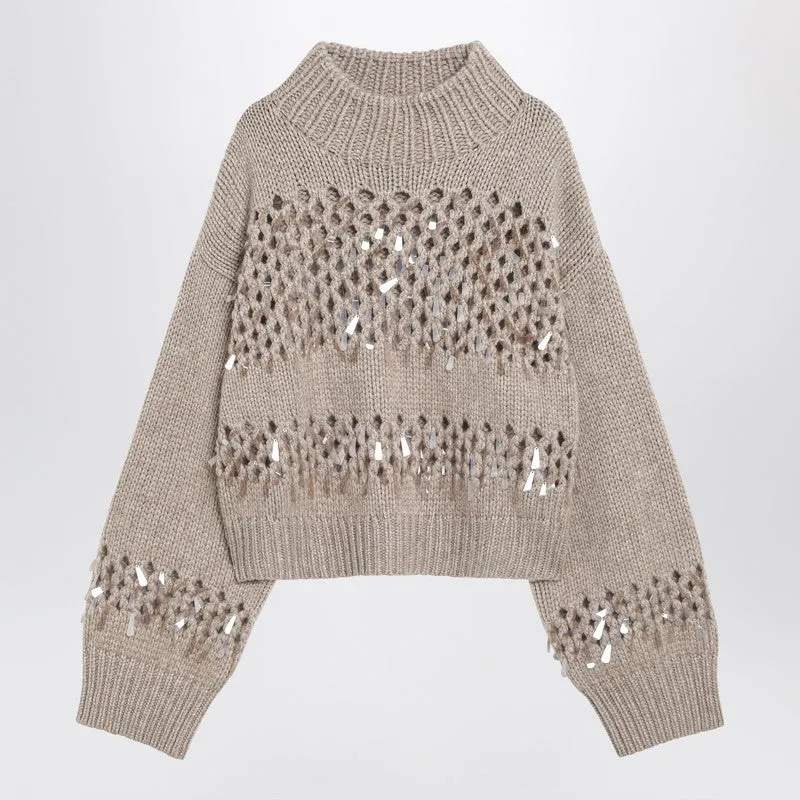 Brunello Cucinelli Brown openwork sweater with sequins sold by Lord & Taylor