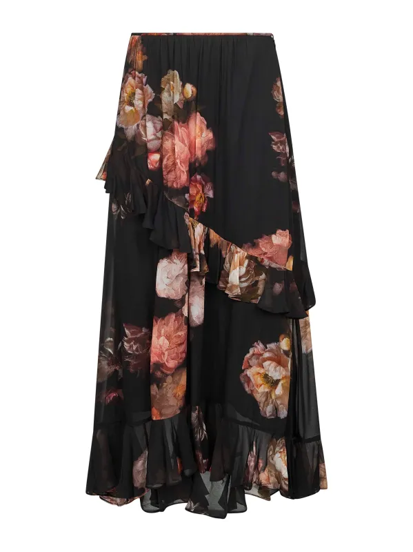 Black Floral Viscose Hypnotic Asymmetric Skirt made by Zimmermann
