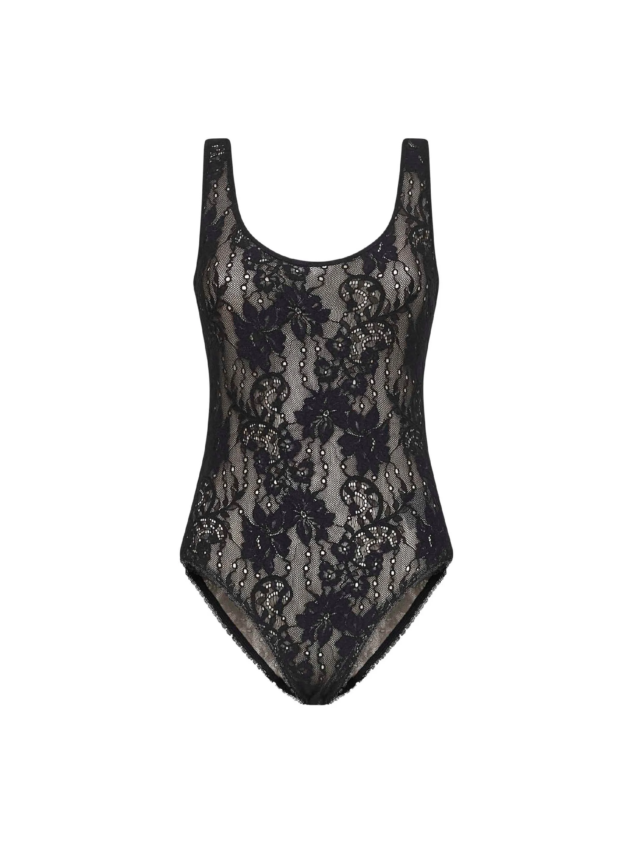 Black Lace Bodysuit sold by Lord & Taylor