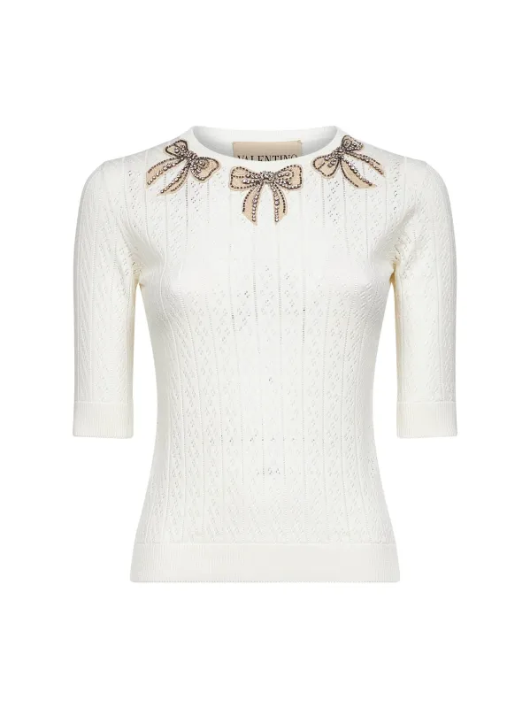 Ivory Pointelle Knit Top with Embroidered Bows sold by Lord & Taylor