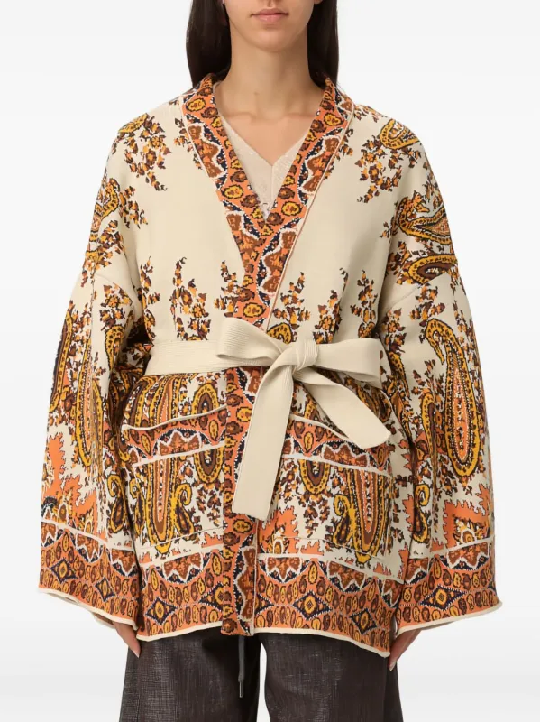 Beige cardigan with ochre flowers sold by Lord & Taylor